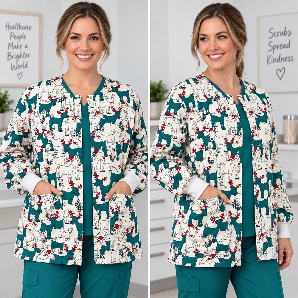 Tafford Reindeer Christmas Scrub Jacket Teal White XL Snap Front Warm Up Pockets